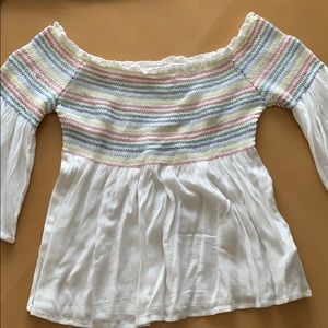 Off the shoulder, white with rainbow details